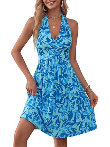 Image of ZABERRY Women Summer Sundresses Halter Neck Deep V Tie Backless Floral Ruched Vacation Beach Dresses 2025 with Pockets