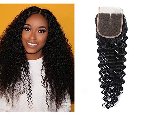 Deep Wave 4x4 inch Lace Closure 16 inch Middle Brown Swiss Lace Middle Part Deep Wave Hair