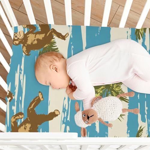 Image of Crib Sheet Breathable Soft Crib Mattress Sheet for Baby Toddler Boys Girls Fitted Crib Sheet Fit Standard Crib Mattress 52 x 28 Inch Monkeys Palm Leaves Blue White Stripes