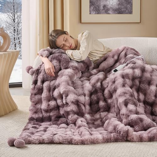 Image of Bearhug Heated Electric Throw Blanket, Luxurious Faux Rabbit Fur Dual-Sided Bubble Heating Blankets, 6 Heat Settings 4-Hour Auto Shut-Off, Machine Washable, 50 inch x 60 inch, Gift-Ready Elegant Packaging