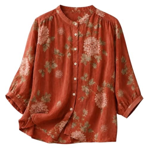 Image of Gufrina Women's Light Rose Floral Printed Button Down Shirt with Mandarin Collar and Relaxed Fit 3 /4 Sleeves