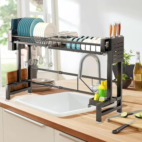 Image of HomeCloud Expandable Over-The-Sink Dish Drying Rack (60-100 cm) with Dustproof Flip Cover Door | Adjustable Metal Kitchen Countertop Organizer (Black)