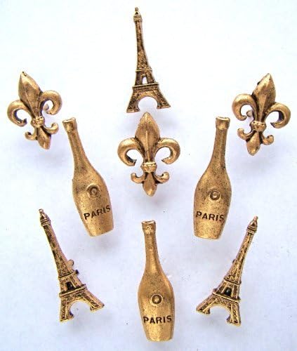 Simply Paris Metal Push Pins, 3 Designs - Champagne Bottle, Fluer De Lis, Eiffel Tower, Gold Finish, Solid Metal, 15 Pieces