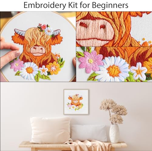 Image of Louise Maelys Highland Cow Embroidery Kit for Beginners Floral DIY | Cross Stitch Kits Offer a Complete Set for DIY Lovers. Needlepoint Kit for Beginners and Adults to Explore Creative Hobbies