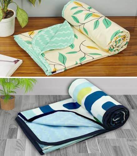 Image of BSB HOME Pure Cotton 120 GSM Reversible Soft Lightweight Printed Single Bed Blanket /AC Dohar /Skin Friendly Dohar- Pack of 2 (152 x 225 cm- Beige White & Green)
