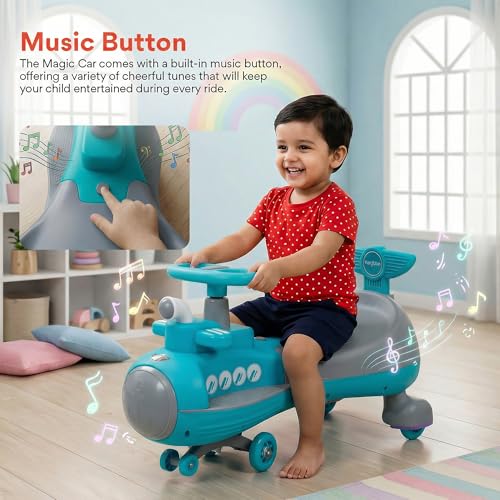 Image of Baybee Diver Baby Swing Cars for Kids | Twister Ride on Kids Car with RGB Lights, Music & Backrest | Indoor Wiggle Push Baby car with Floor Lights | Magic Car for Kid 2 to 5 Years (Blue)
