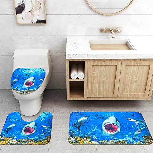Claswcalor 4 Pcs Ocean Shark Shower Curtain Set With Non-Slip Rug, Toilet Lid Cover And Bath Mat, Kids 3D Fish Shower Curtains With 12 Hooks, Blue Sea Tropical Shower Curtains For Kids Bathroom Decor #TOP2