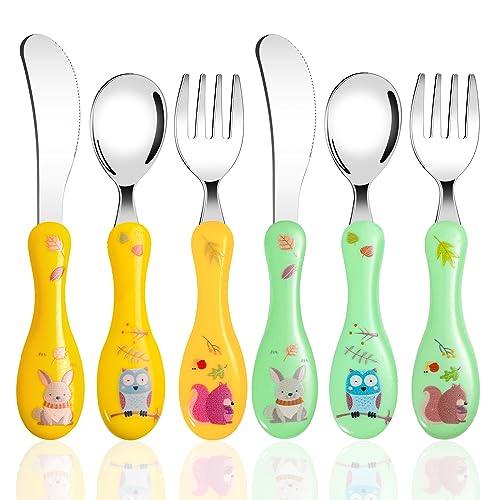 PAEFIU Set Couverts Enfant en INOX, 6 Pièces Couverts Bebe avec Motif Mignon, 2 x Fourchettes, 2 x Cuillères, 2 x Couteaux, Couvert Enfant en Poignée Ronde...