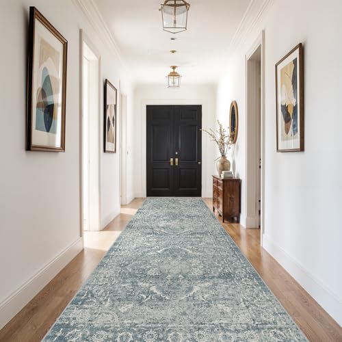 EISUROM 4x10 Washable Hallway Runner Rug: Vintage Wide Low Pile Rugs Blue