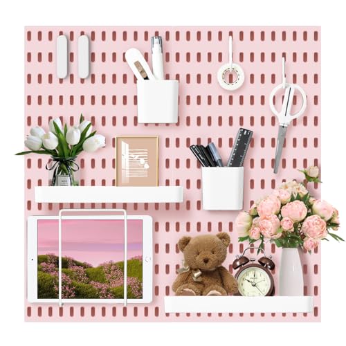 VUSIGN Pegboard Combination Wall Organizer Kit, 4 Pieces Pegboards and 17 Accessories Modular Hanging, Wall Mount Display Peg Board Panel Kits for Bedroom, Home, Office, Bathroom, 22' x 22', Pink