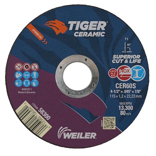 Image of Weiler 58300 4-1 /2 Inch Cutting Wheel, Tiger Ceramic Stainless Steel Superior Life & Cut Contaminant Free Max Performance Cutting, .045 inch CER60S Type 1 7 /8 inch Arbor, Pack of 25
