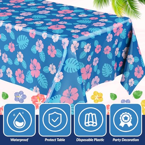 Image of Oudain 3 Sheets Hawaii Hibiscus and Tropical Leaves Tablecloth Birthday Party Decorations Blue Alien Cartoon Table Covers for Birthday Party Supplies