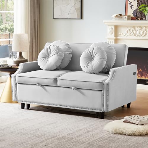 Image of 54.7" Multiple Adjustable Positions Sofa Bed, Stylish Velvet Sofa Bed, Convertible Sofa Bed, Loveseat Sleeper, Sofa Bed with a Button Tufted Backrest, Sofa Bed for Living Room (Light Grey)