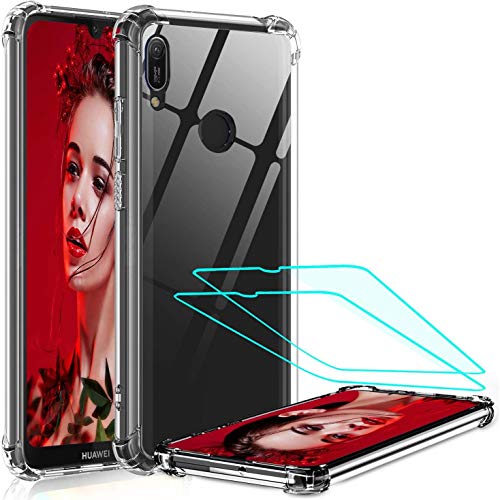 LeYi Funda Huawei Y6 2019 / Honor 8A con [2-Unidades] Cristal Vidrio Templado, Cristal Transparente Shockproof Carcasa Ultra Silicona PC y TPU Slim Gel Bumper Cover Case para Movil Y6 2019,Clear