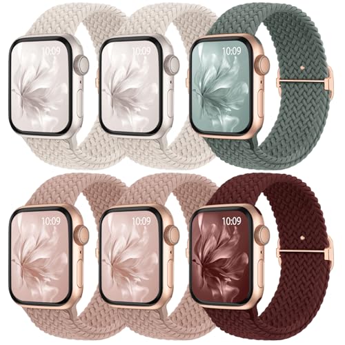 Image of 6 Pack Braided Stretchy Bands Compatible with Apple Watch Band 38mm 40mm 41mm 42mm 44mm 45mm 46mm 49mm Women Men, Adjustable Nylon Solo Loop Elastic Straps for iWatch Series 11 10 9 8 7 6 5 4 SE Ultra