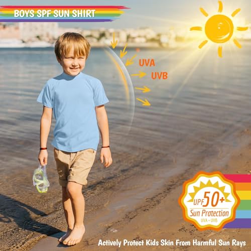 Image of Boy's UPF 50 Rash Guard Swim Shirts Short Sleeve Sun Protection SPF Fishing Surfing Water Beach Shirts Quick Dry