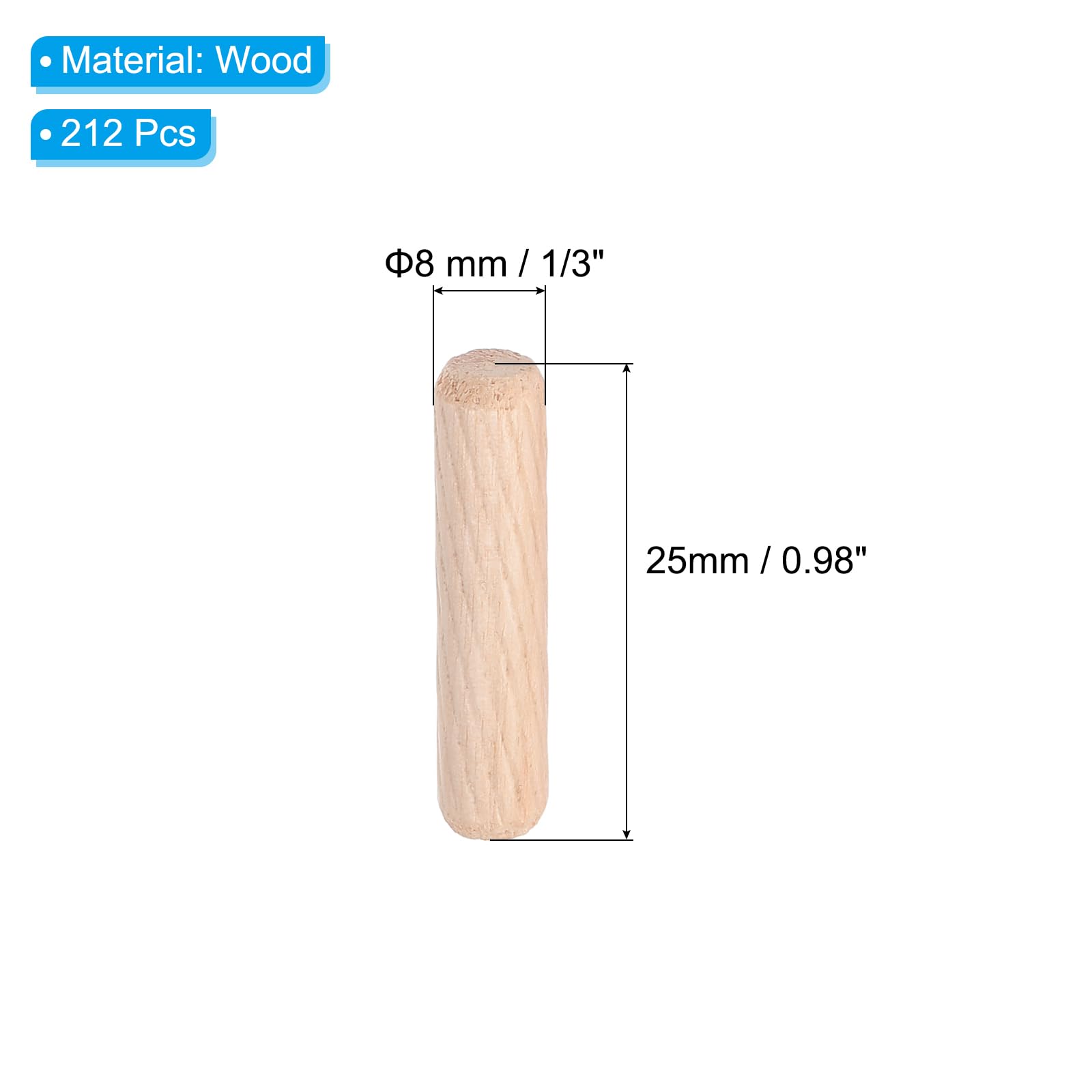 PATIKIL 1/3 Wooden Dowel Pins, 212 Pcs M8x25mm Wood Dowel Pins Hardwood Pegs Fluted Groove Easy Insertion for Crafts Furniture Door Art - Image 2