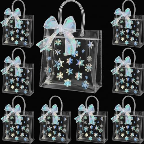 Henoyso 24 Pcs Snowflake Clear Gift Bags Princess Winter Party Favors Bag Plastic PVC Goodie Candy Treat Tote with Handle Gift Wrapping Supplies 7.8 x 3.1 in (Laser Snowflakes)