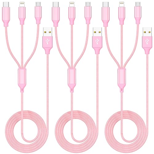 Multi Charging Cable 4ft 3Pack 3 in 1 Charger Cord, Multiple Rapid Nylon Braided Cable USB Charging Cable Multi Phone Charger Cord with Type C Micro Lightning USB Connectors for Cell Phones Pink