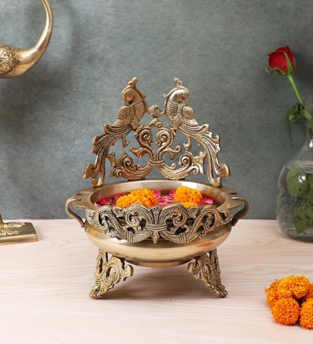 Two Moustaches Twin Peacock Design 10 Inches Brass Urli, Brass Ur...