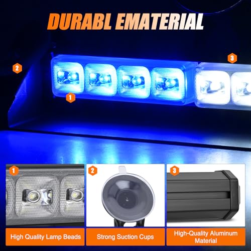 Image of Nilight 8LED Blue White Traffic Advisor Strobe Light Bar Hazard Safety | with Vacuum Suction Emergency Dash Warning Flashing Lights Front /Rear Windshield Visor for Truck Police Construction Vehicles