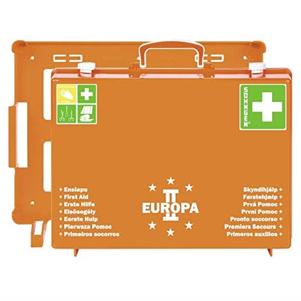 Erste-Hilfe-Koffer EUROPA II orange (Erste-Hilfe-Kasten + Unterteilung; + Wandbefestigung; gefüllt; + Wundverbände + Rettungsdecke; 20 Jahre sterile Verpackung) 03001357