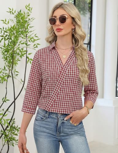 Image of LOMON 3 /4 Length Sleeve Womens Tops Dressy V Neck Collared Shirts Trendy Business Casual Work Blouses Vacation Outfits 2026
