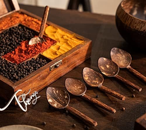 Image of Thenga Coconut Shell Masala Spoons Set of 12 | Mini Wooden Spoons for Spices, Tea, Coffee, Condiments & Desserts | Eco-Friendly, Handmade & Rustic Small Kitchen Utensils for Everyday Use