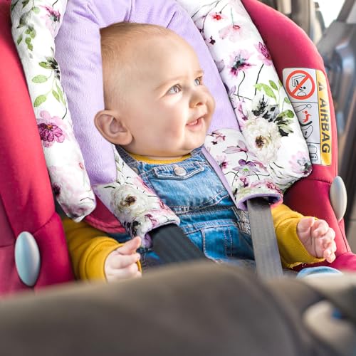 Image of GFU Baby Car Seat Head Support for Newborn, 2 in 1 Infant Car Seat Head Body Support with Strap Pads, Soft Stroller Cushion Pillow Insert for Girls and Boys, Fits for Stroller, Swing, Purple Floral