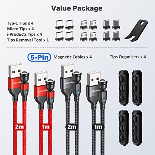 VAFOTON 540° Magnetic Fast Charging Cable [4Pack,1M/1M/2M/2M], 3A Fast Charging and Data Transfer Magnetic Cable, 3 in 1 Magnetic Phone Charger Cable Compatible with Type C, Micro USB,IP USB
