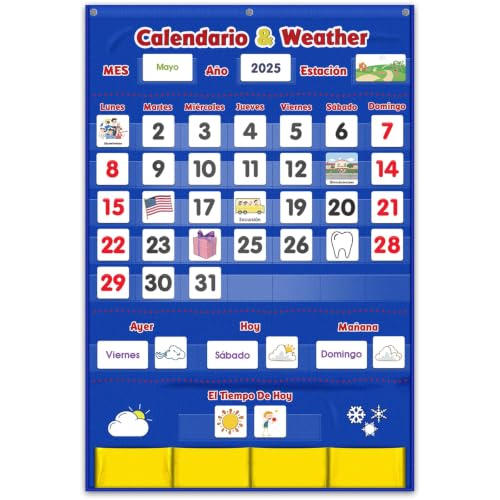 Image of Spanish Calendar and Weather Pocket Chart, Classroom Organized Chart, 140 Pieces (Spanish)