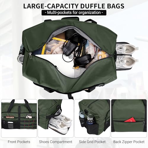 WITZMAN Foldable Duffle Bag for Travel 65L Lightweight Packable Duffel Bag with Shoes Compartment Overnight Bag for Men Women (B697 Army Green）4