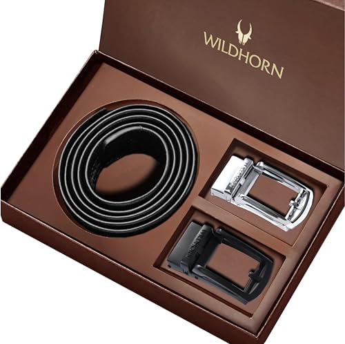 Image of WildHorn Men's Leather Belt Gift Set | Genuine Leather belt Strap with 2 Interchangeable Buckles | Formal & Casual Wear Adjustable Belt | Automatic lock leather belt for men