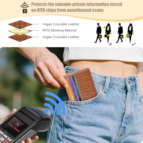 Image of Slim Credit Card Holder Crocodile Wallet Women Thin Wallets | Alligator Print RFID Blocking Minimalist Lightweight Pocket Small Cute Cards Holders ID Window, Brown Croc