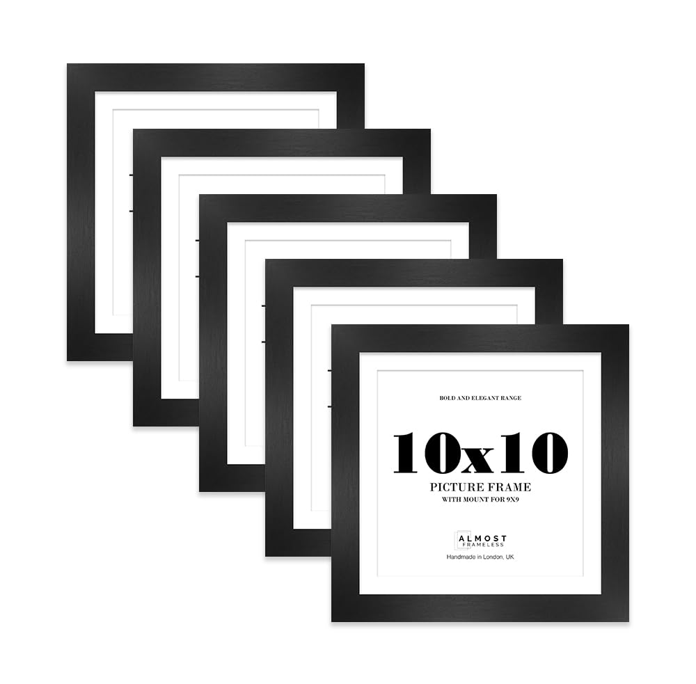 10x10 Black Square Frame With Mount for 9x9 Pictures 28mm Edge Frame Display with Wall Hooks and Kickstand, 5 Pack