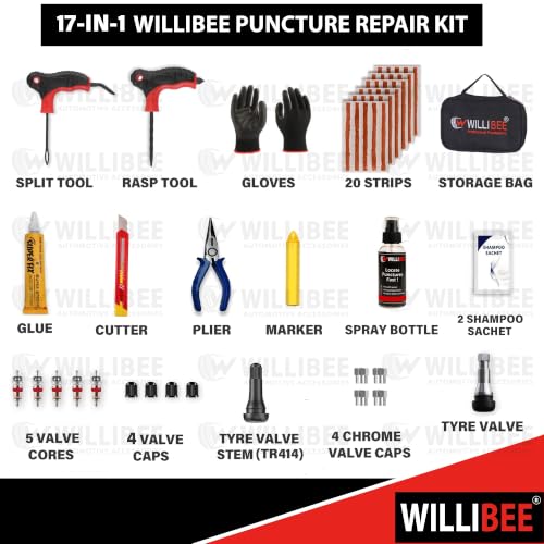 Image of WILLIBEE 17-in-1 (Pack of 20 Strips) Tubeless Tyre Puncture Repair Kit for Car & Bike | Heavy-Duty Puncher Kit (Includes Storage Bag) | Complete Emergency Tyre Fix Set