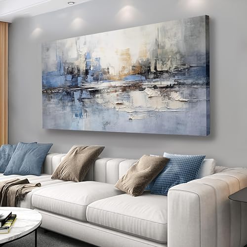 Peinture bleu-gris et blanc abstraite pour une chambre apaisante