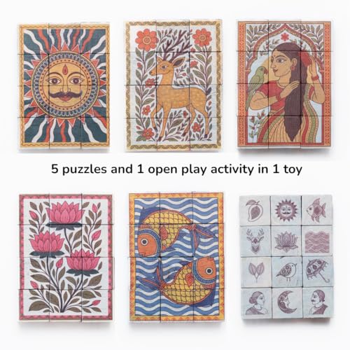 Image of 3D Wooden Toys for Kids 3-8 Yrs | 6 Puzzles in 1 Toy + 30 Activities | 12 Natual Wooden Puzzles for Kids with Activity Book | Indian Folk Art Wooden Blocks | Madhubani Theme