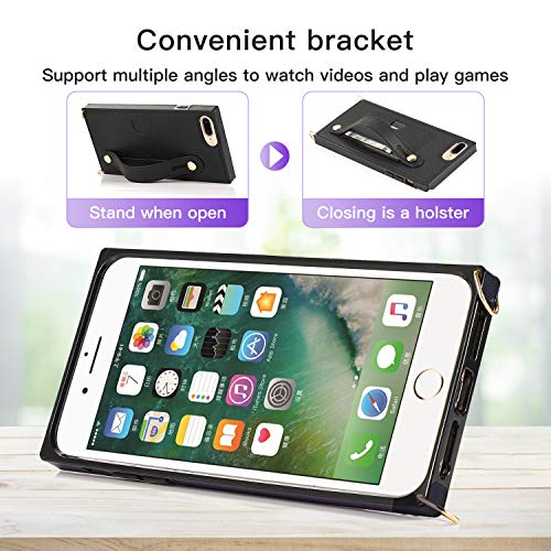 Defbsc Wallet Case For Iphone Se 2022 5G,Iphone Se2Nd Case, Iphone 7/8/6/6S Case With Finger Strap, Pu Lanyard Case With Card Slot, Adjustable Crossbody Strap Shockproof Protective Case,Black #TOP3