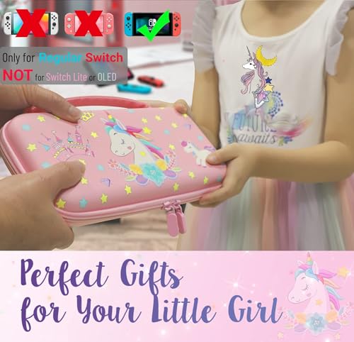 Image of Pink Unicorn Carrying Case Compatible with Nintendo Switch (Not OLED or Lite) with Dockable Protective Grip Case +Screen Protector +Unicorn Stickers, Hard Storage Case Accessories Kit Bundle for Girls