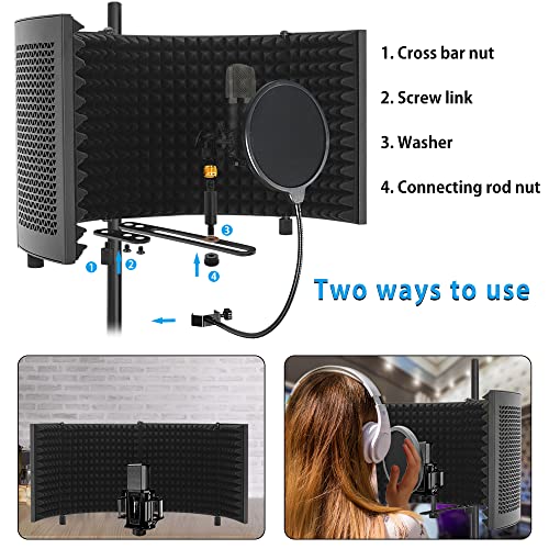 Image of Microphone Isolation Shield with Stand Curved Panel, Foldable Mic Shield with Triple Sound Insulation, Studio Mic Sound Absorbing Foam Reflector for Sound Recording, Podcasts