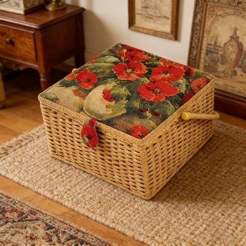 HOLMZCED Vintage Sewing Basket, Floral Print Design Sewing Box with Large Capacity Portable Sewing Kit Storage Basket with Tray for Sewing Supplies