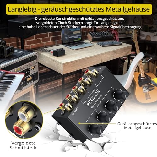 PROZOR 4 Kanal Passivmischer Kompakter Cinch Passiver Mischer Audio DJ Mixer Stereo mit unabhängigen Lautstärkereglern für DJ und Heimkino