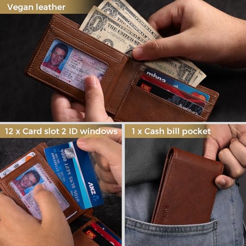 RUNBOX Wallet for Men Bifold RFID Blocking Wallets with 2 ID Window 14 Card Holders 1 cash pocket 1 Gift Box - image 4