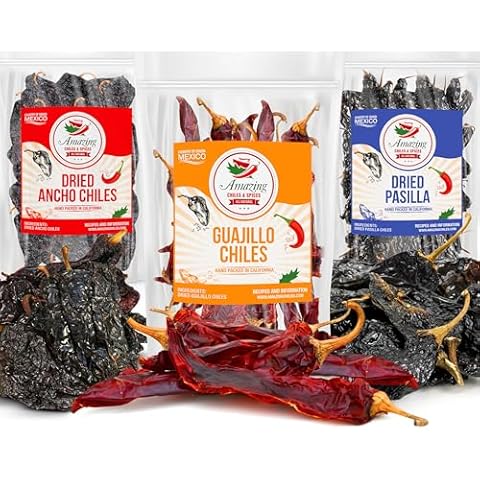 Dried Chile Peppers Variety Pack (12 oz Total) - Ancho, Guajillo, Pasilla Chiles – Staple for Mexican Recipes - Birria, Salsa, Sauces, Stews, Tamales By Amazing Chiles and Spices Cover