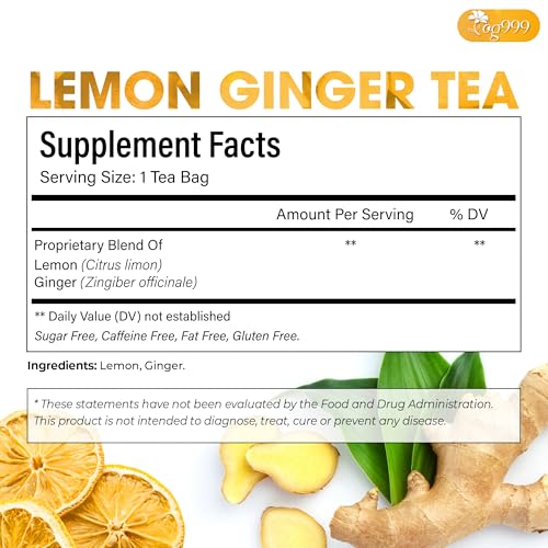 Image of TOG999, Premium Lemon Ginger Tea Bags | 60 Tea Bags | Refreshing Herbal Blend with Bright Citrus & Warming Ginger | Naturally Caffeine-Free | 100% Plant-Based, Sustainably Sourced Herbal Tea