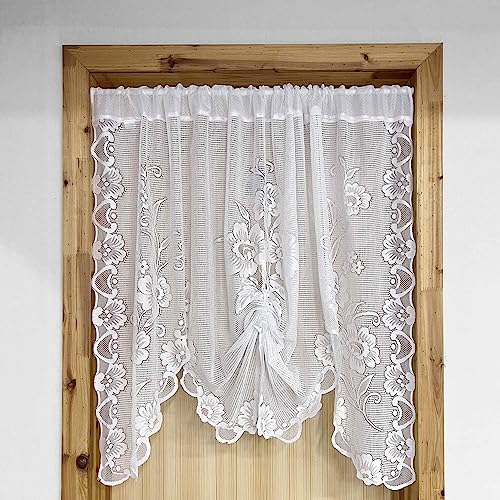 ZZC French Short Lace Sheer Curtains Romantic Tie-Up Half-Sheer Floral Lace Curtain Panel White Swag Valance for Small Window Doorway Decoration Mesh Door Divider 1 Panel W39 L39 inch