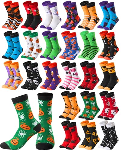 Bunnycool 24 Pairs Halloween Socks Bulk for Adults Men Women Trick or Treat Gifts Boo Spooky Novelty Pumpkin Ghost Skull Witch Bats Comfortable Socks for Halloween Party Favors Decoration Supplies