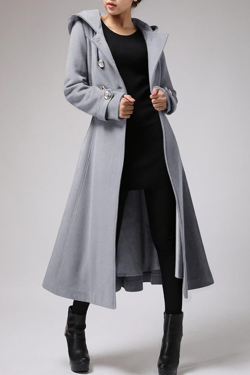 Cicy Bell Langer, zweireihiger Damenmantel mit Kapuze, Winter, warm, Wolle, Trenchcoat mit Gürtel