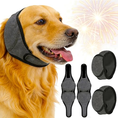 Image of 2 Pack Dog Ear Muffs Noise Protection Firework Thunder, Elastic Dog Ear Wrap with Sound-Blocking Rubber Pads Noise Cancelling Anxiety Relief, Calming Hood Pet Ear Cover Grooming Bathing & Swimming, L